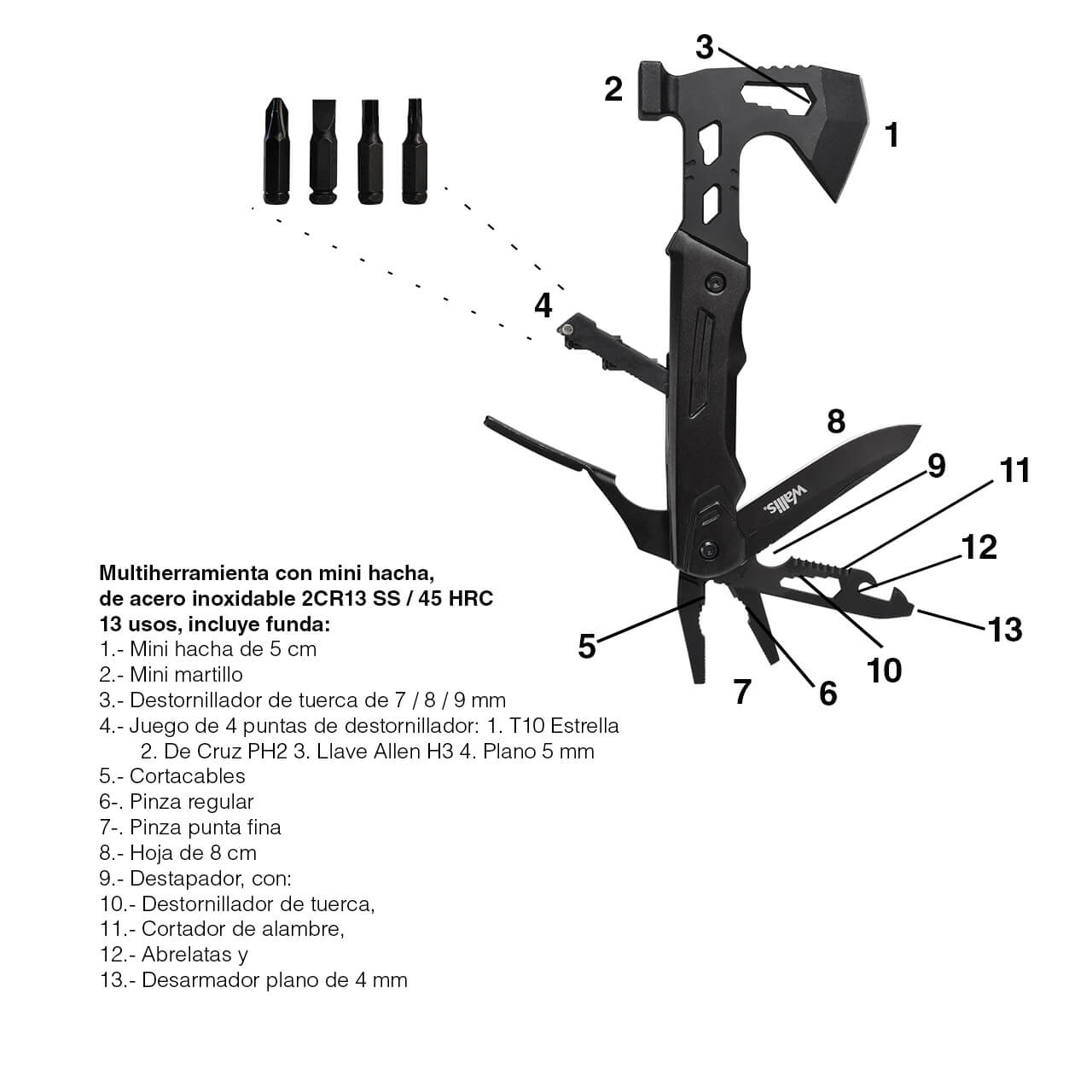 Multiherramienta con mini hacha de 13 usos